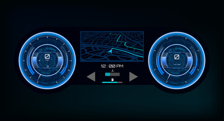 Poster - Automotive Dashboard, Futuristic Style. Car Instrument Panel. Tachometer, Data Display and Navigation (gps) Template Automotive Dashboard.  Vector illustration