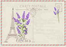 Old Blank Postcard With Post Stamps And Eiffel Tower With Lavender On The Top. Vector Illustrtion.