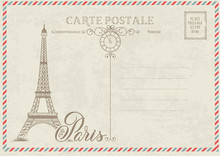 Old Blank Postcard With Post Stamps And Eiffel Tower With Spring Flowers On The Top. Vector Illustrtion.