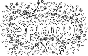 Wall Mural - Coloring page for adults with mandala and Spring word. Doodle lettering ink outline artwork. Vector illustration