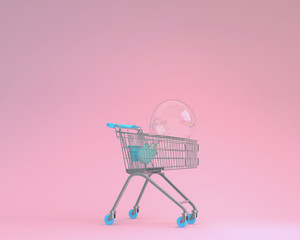 Creative idea layout shopping cart with blue light bulbs on pink pastel background. minimal business concept. Ideas creatively to produce work within an advertising marketing communications