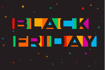 Poster - Colorful text vector icon. Big shopping logo template. Black Friday banner. Negative space style letters. Colored bright cartoon market tag. Isolated vector illustration on black background.