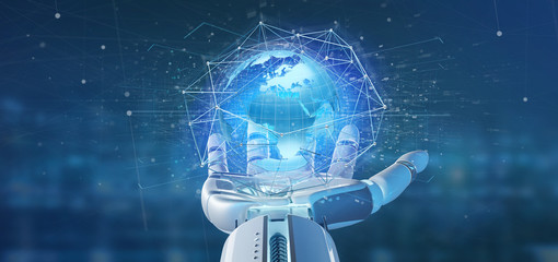 Poster - Cyborg hand holding a Connected network over a earth globe concept on a futuristic interface - 3d rendering