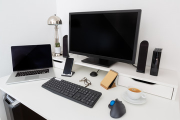 Wall Mural - Computer and devices on modern white desk interior 3D rendering