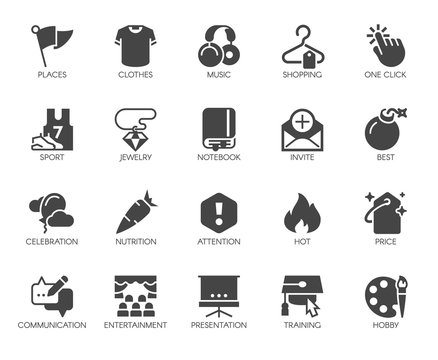 20 black flat icons on sports, lifestyle, hobbies, online shopping and education theme. Graphic labels or buttons for thematic sites and mobile apps interfaces, game elements. Vector isolated