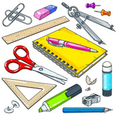 Vector stationery for school and student, notebook with pen, marker and scissors