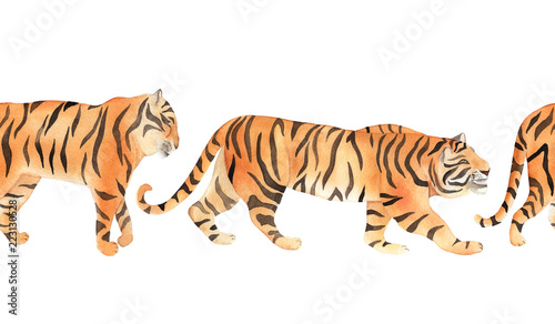 Watercolor seamless pattern with tiger. Summer decoration print for wrapping,...
