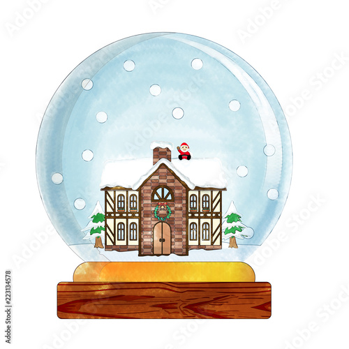スノードームの水彩イラスト 雪景色の西洋風の煙突の家とサンタクロース Snow Dome Globe Stock Illustration Adobe Stock