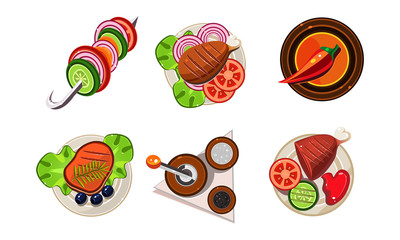 Sticker - Tasty dishes set, dinner table, dishes from different countries of the world, top view vector Illustration on a white background