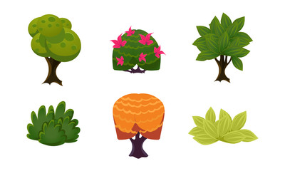 Poster - Summer plants set, cute cartoon fantasy bushes and trees, user interface assets for mobile apps or video games vector Illustration on a white background