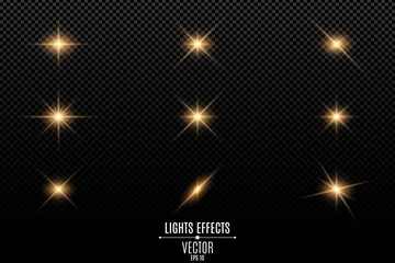 Wall Mural - Collection of flashes, lights and sparks. Optical flares. Abstract golden lights isolated on a transparent background. Gold flashes and glares. Vector illustration