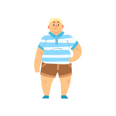 Wall Mural - Handsome overweight man wearing shorts and striped shirt, fat guy in fashionable clothes, body positive vector Illustration on a white background