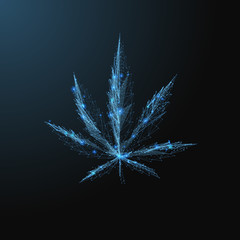 Poster - Marijuana leaf. Low poly blue. Polygonal abstract health illustration. In the form of a starry sky or space. Vector image in RGB Color mode.