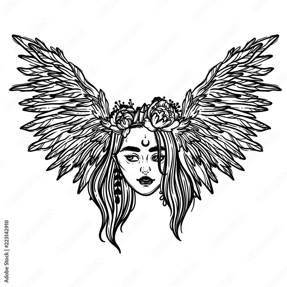 The head of a girl with wings. Flying head. A creature of stories and  legends. Stock Vector | Adobe Stock, image size:1000x1000