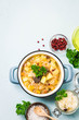 © irina - Traditional sauerkraut soup, shchi with meat and vegetables. Top view, space for text.