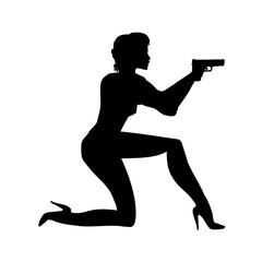 silhouette girl in an action movie film shootout pose with a gun sit. silhouette woman, lady vector 