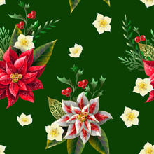 Seamless Pattern With Christmas Flowers. Vector,