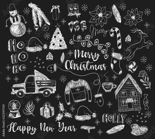 Set of Christmas elements painted chalk on blackboard. Vector. Poster Mural XXL