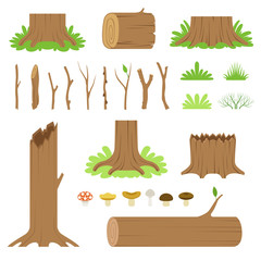 Wall Mural - Set of forest tree stumps, logs, sticks, branches, grasses and mushrooms. Vector illustration