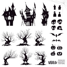 Set Of Silhouettes For Halloween Gloomy House, Sinister Trees, Fences, Graves, Skulls, Pumpkins And Bats. Vector Illustration