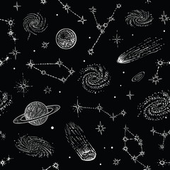 Space vector seamless pattern with galaxy, planets, comets and constellations on dark background.