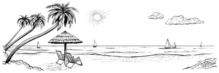 Panoramic beach view. Vector illustration of seaside with palms, two chairs, umbrella and yachts.