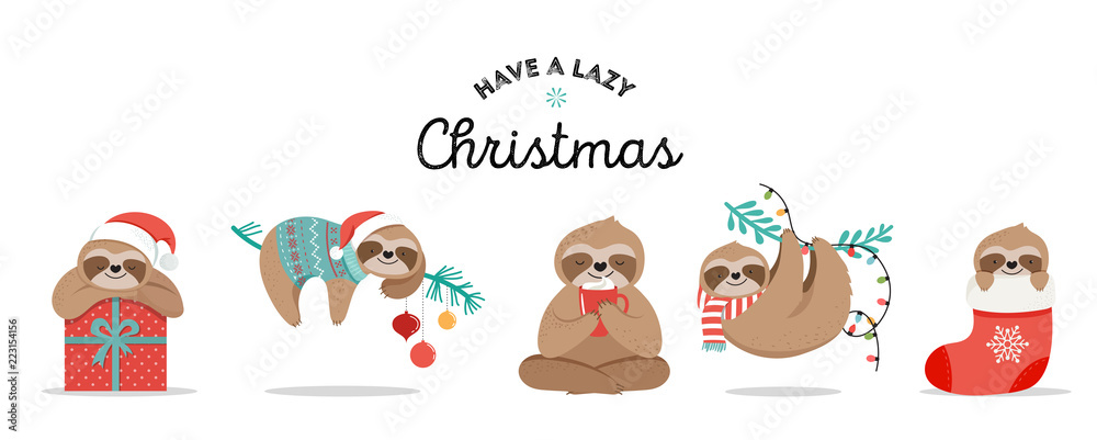 Cute sloths, funny Christmas illustrations with Santa Claus costumes, hat and scarfs, greeting cards set, banner - obrazy, fototapety, plakaty 