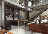 Fototapeta  - Loft - nowoczesne wnętrze w industrialnym stylu zaprojektowane jako mieszkanie o otwartym planie z kuchnią, jadalnią, pokojem dziennym oraz domowym biurem na parterze i sypialnią na antresoli.