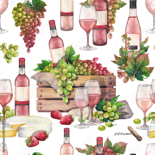 Dekoracja na wymiar  akwarelowe-pudelko-z-butelka-i-winogronami-kieliszkami-do-wina-serem-i-truskawkami
