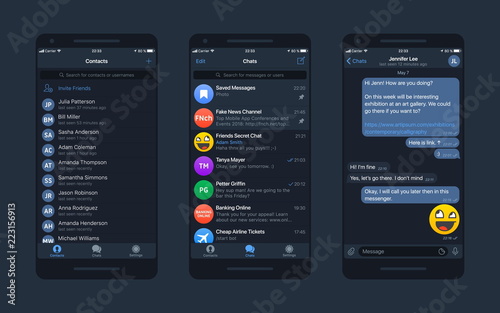 Download Messaging App Whatsapp Telegram Messenger Ui And Ux Concept Realistic Vector Mockup In Minimalist Dark Blue Night Flat Theme On Smart Phone Screen Social Network Design Template Stock Vector Adobe Stock