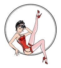 Pin-up Classic Sexy Woman In Red Corset And Pink Dotted Stocking