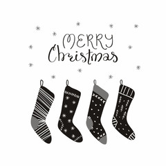 Wall Mural - Hand drawn vector illustration of cute Christmas stockings, with lettering quote Merry Christmasr Isolated objects on white background. Flat style design. Concept for card, invite.