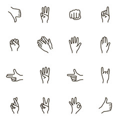 Poster - hand gestures signs black thin line icon set. vector