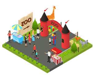 Poster - outdoor zoo with wild animals concept 3d isometric view. vector