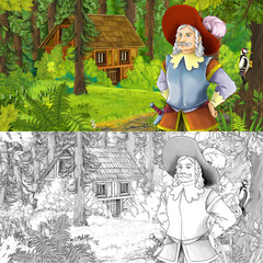 Wall Mural - cartoon scene with young prince traveling and encountering hidden wooden house in the forest - with artistic coloring page - illustration for children