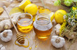 Honey, ginger, garlic, lemon and herbs. Alternative medicine