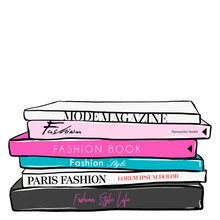 Fashionable Illustration With Stack Of Books And Fashion Magazines. Vogue And Beauty Style. Fashion Vector Fashion Illustration Design. Hand Drawn Sketch. Fashion. Set Of Trend Book In Doodle Style.