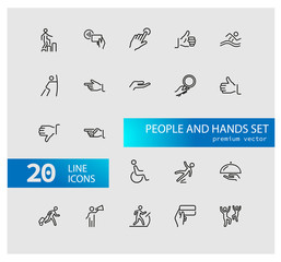 Sticker - People and hands icons. Set of line icons. Approval, gym, disabled man. Public pictograms concept. Vector illustration can be used for topics like public services, gestures, signs and symbols