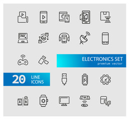 Poster - Electronics icons. Set of line icons. Mobile phone, data storage, satellite. Modern technology concept. Vector illustration can be used for topics like mobile service, apps, digital devices.