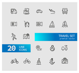 Canvas Print - Travel icons. Set of  line icons. Train ticket, bus, bicycle. Trip concept. Vector illustration can be used for topics like transportation, tourism, vacation