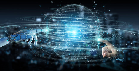 Fototapete - White robot hand using digital sphere connection hologram 3D rendering