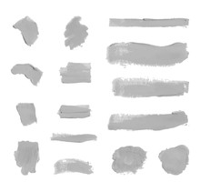 Vector Set Of Colorless Gray Paint Smudges, Cosmetics Texture, Design Element Isolated.