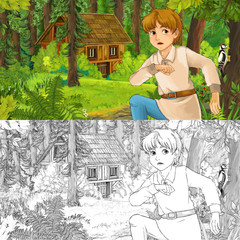 Wall Mural - cartoon scene with young boy in the forest near hidden wooden house - with artistic coloring page - illustration for children