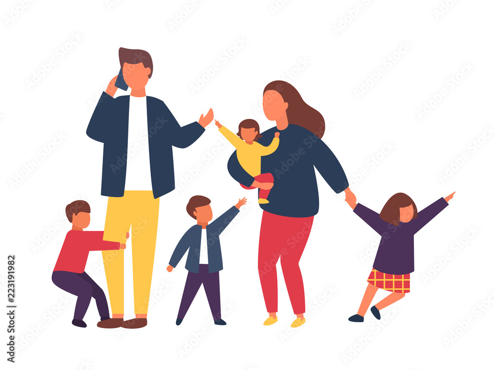 Family with kids. Busy and tired parents with naughty children. Vector illustration - obrazy, fototapety, plakaty 