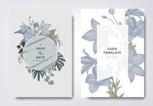 Botanical Wedding Invitation Card Template Design, Platycodon Or Balloon Flowers And Leaves With Circle Frame On Gray Background, Vintage Style