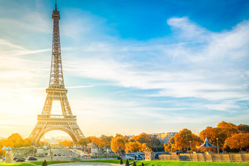  view of Eiffel Tower with blue sky at fall, Paris, France
