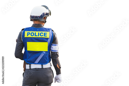 street police officer with uniform hard hat back view isolated on white ...