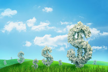 3d Rendering Of Endless Green Field Full Of Large Dollar Signs Made Of Banknotes Standing Under Blue Sky.