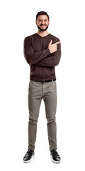 a bearded man in casual clothes smiles with his arms folded but still indicating sideways with his i