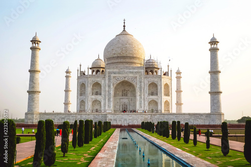Fotografie, Obraz The morning view of Taj Mahal with reflection in the water of the pool in Agra, India
